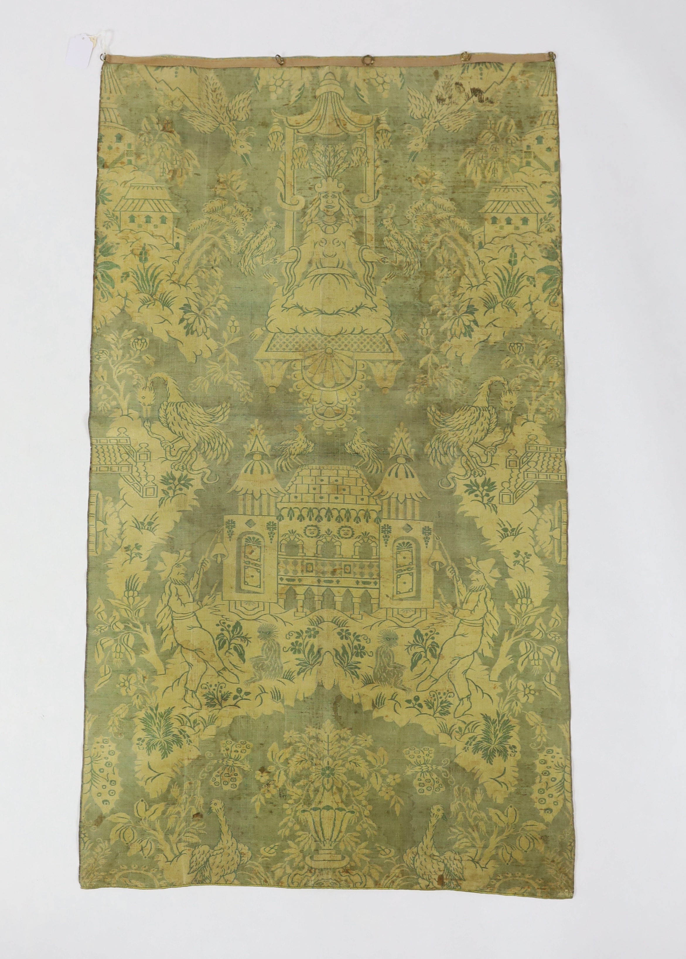 A large 19th century chinoiserie silk two colour damask panel, possibly Lyon, with large repeat, woven in turquoise on gold silk, with cream outlines, 130cm long, 74cm wide